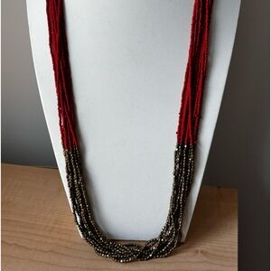 ZAD Cranberry and gold color seed bead necklace/ gold tone/measures 38 in length